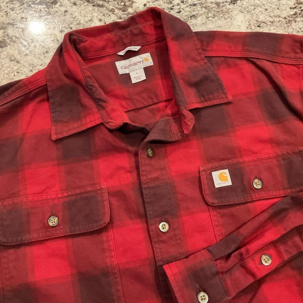 Carhartt Shirt Mens Large Red Plaid Flannel Long Sleeve Button Up Outdoor Work